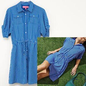 LDT Chris Dress Check Button-Down Mini Short Sleeve Blue White Size 0 NWT